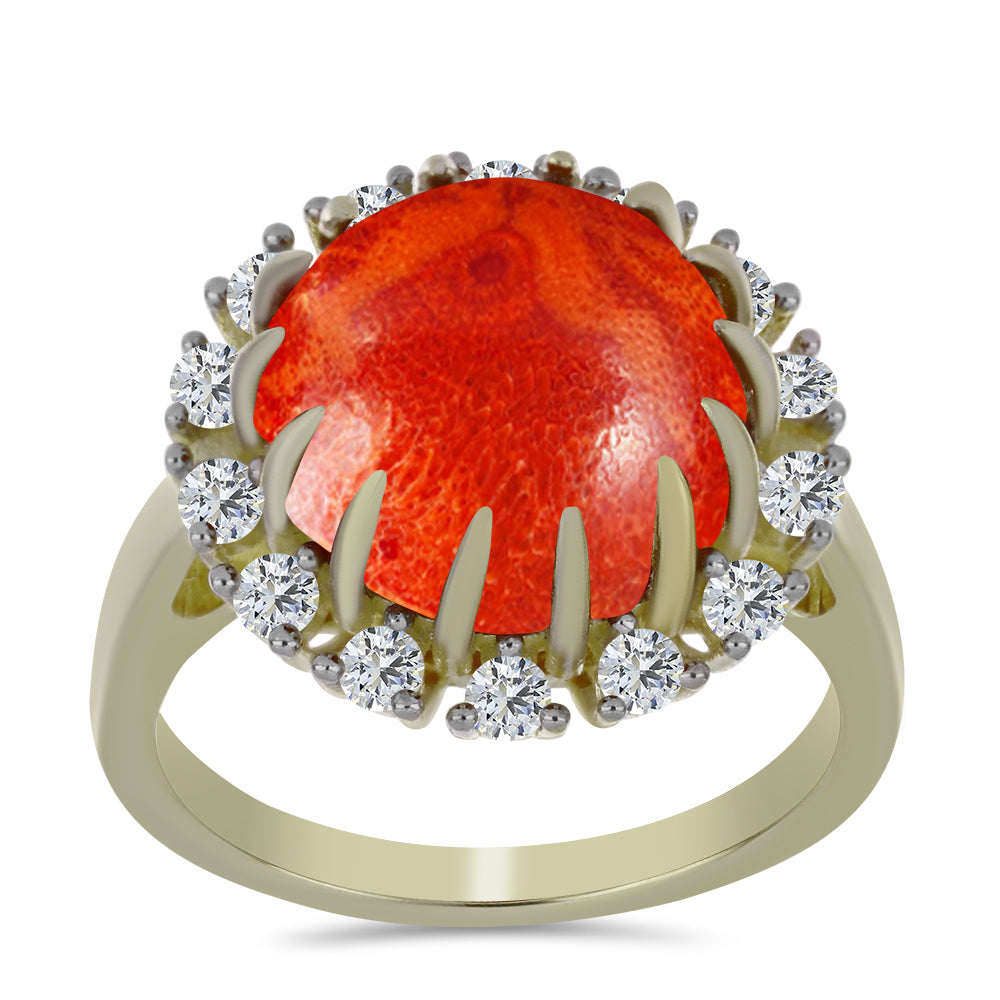 Arannyal Bevont Ezüst Gyűrű Vörös Szivacs Korallal és Fehér Topázzal 3 