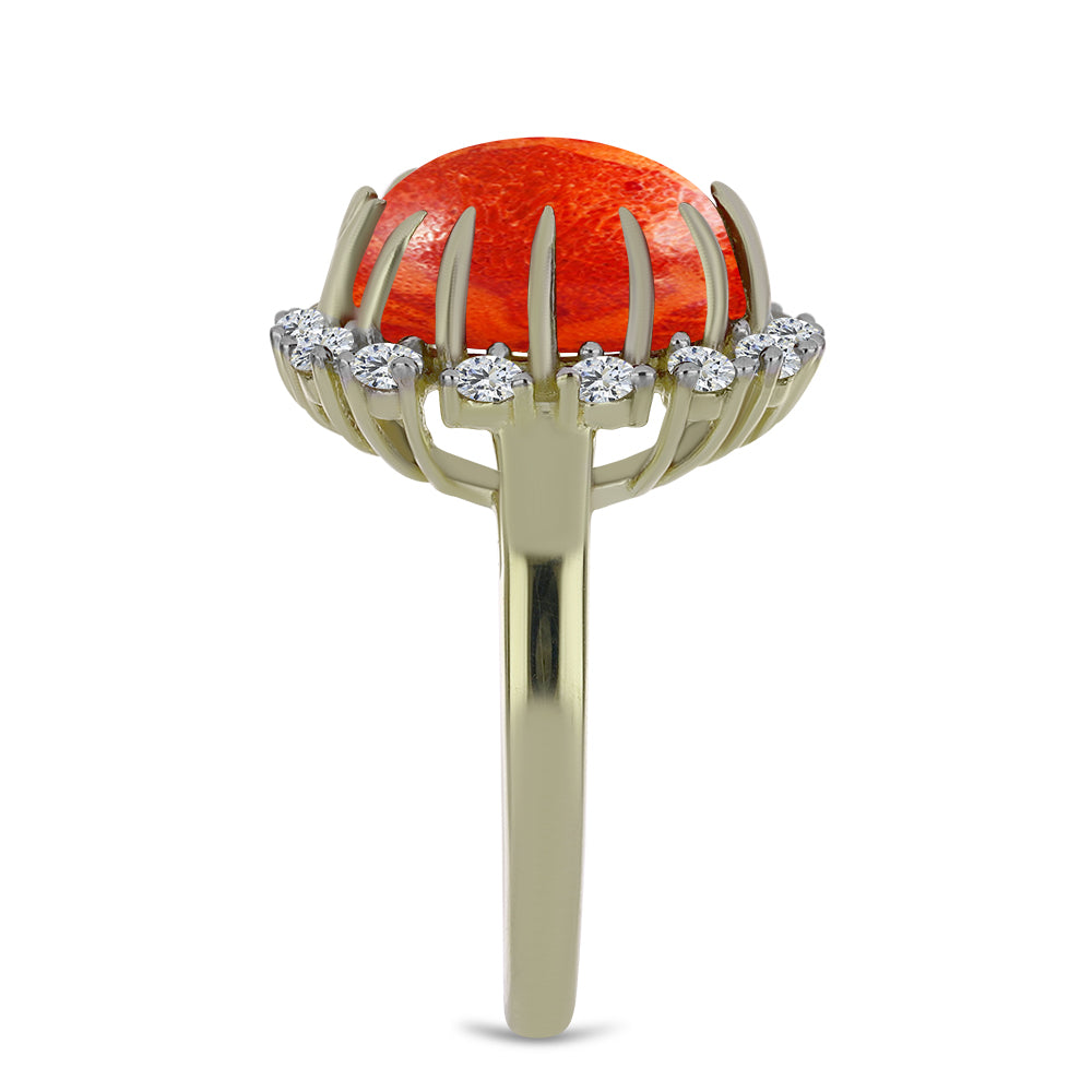 Arannyal Bevont Ezüst Gyűrű Vörös Szivacs Korallal és Fehér Topázzal