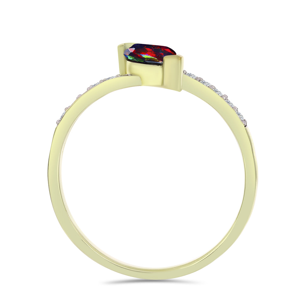 Arannyal Bevont Ezüst Gyűrű Lega Dembi Éjfekete Etiópiai Opállal és Fehér Topázzal