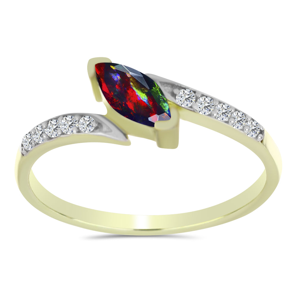 Arannyal Bevont Ezüst Gyűrű Lega Dembi Éjfekete Etiópiai Opállal és Fehér Topázzal