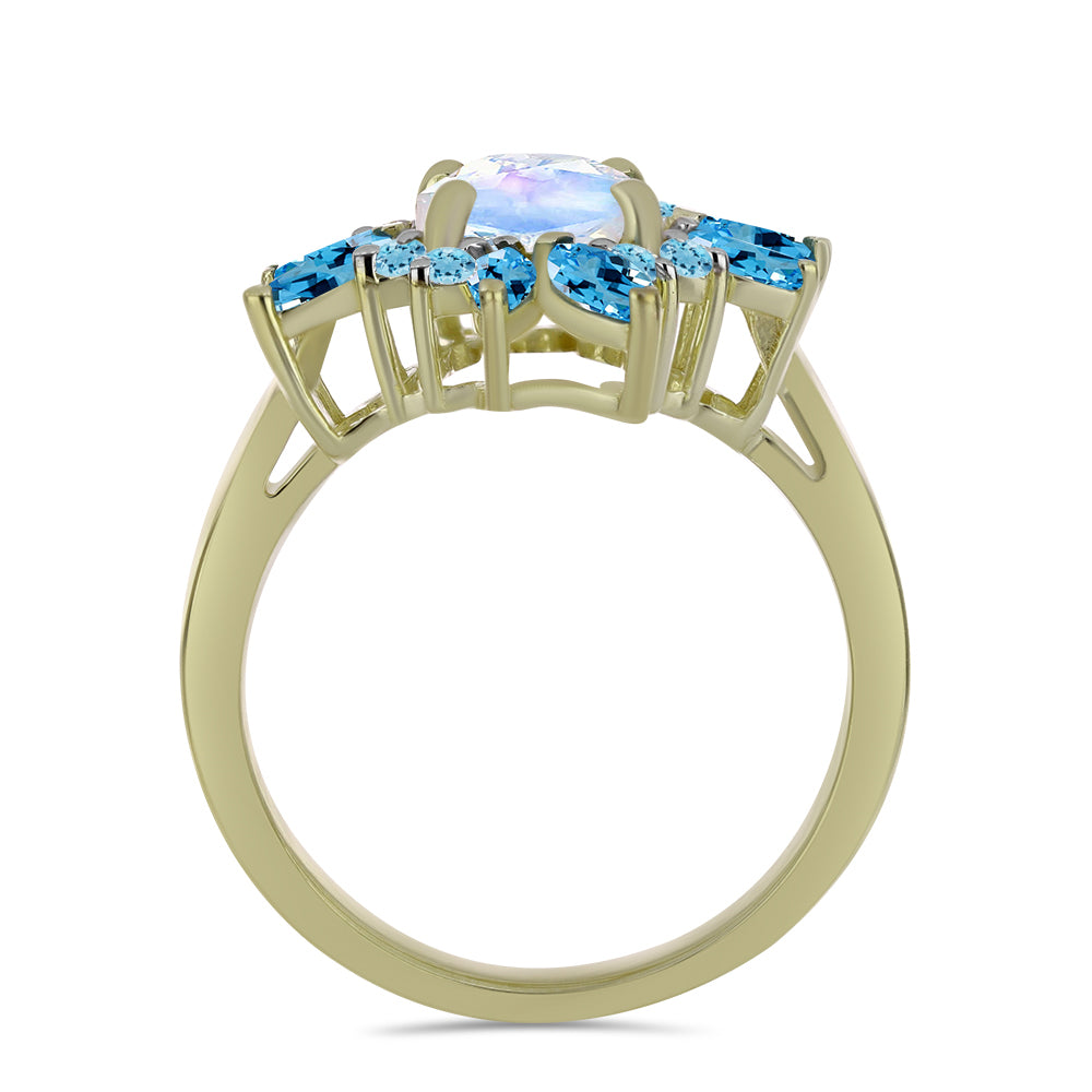Arannyal Bevont Ezüst Gyűrű Szivárvány Holdkővel és Svájci Kék Topázzal 2 