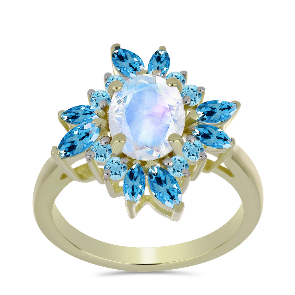 Arannyal Bevont Ezüst Gyűrű Szivárvány Holdkővel és Svájci Kék Topázzal 3 