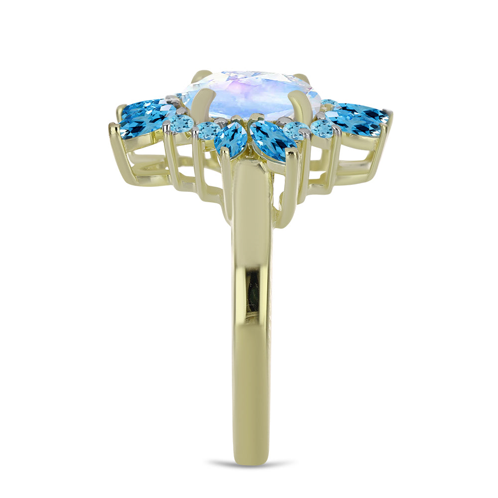 Arannyal Bevont Ezüst Gyűrű Szivárvány Holdkővel és Svájci Kék Topázzal 4 