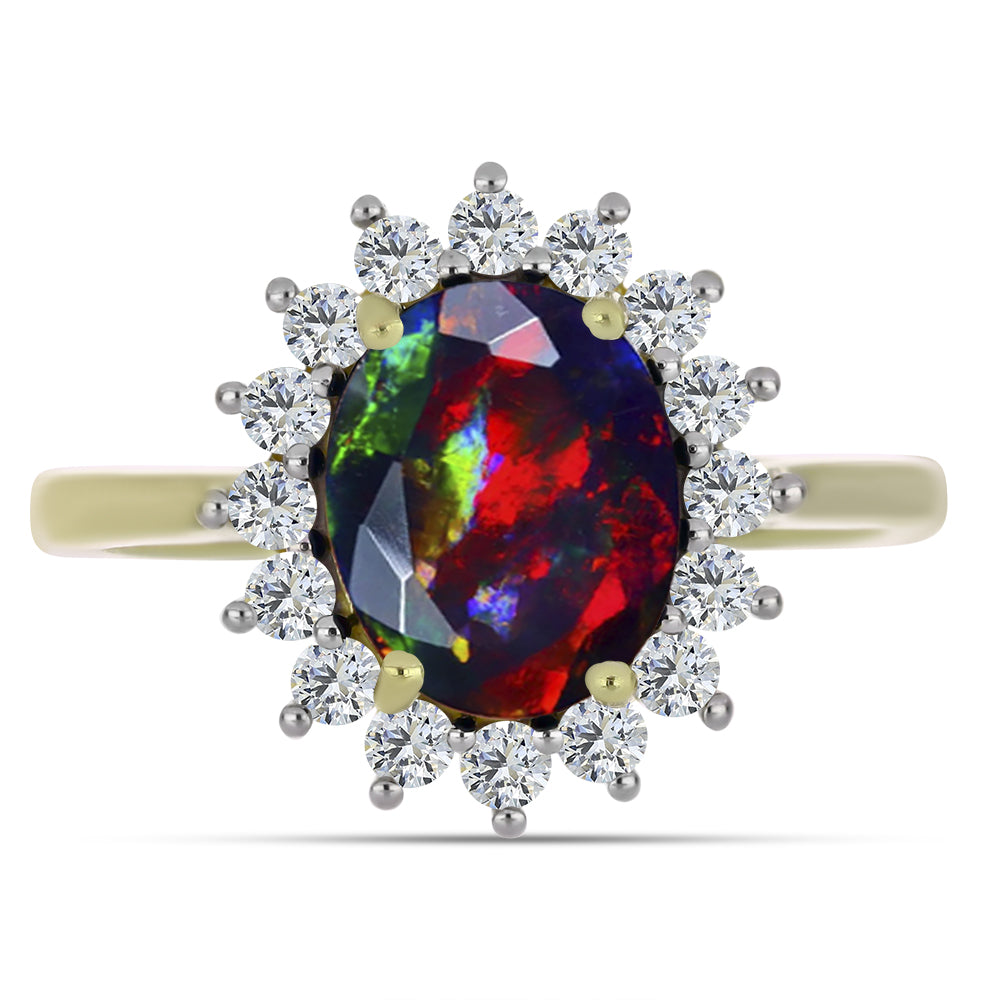 Arannyal Bevont Ezüst Gyűrű Lega Dembi Éjfekete Etiópiai Opállal és Fehér Topázzal