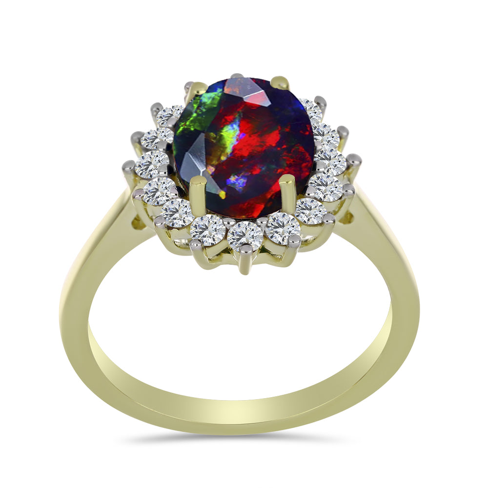 Arannyal Bevont Ezüst Gyűrű Lega Dembi Éjfekete Etiópiai Opállal és Fehér Topázzal 3 