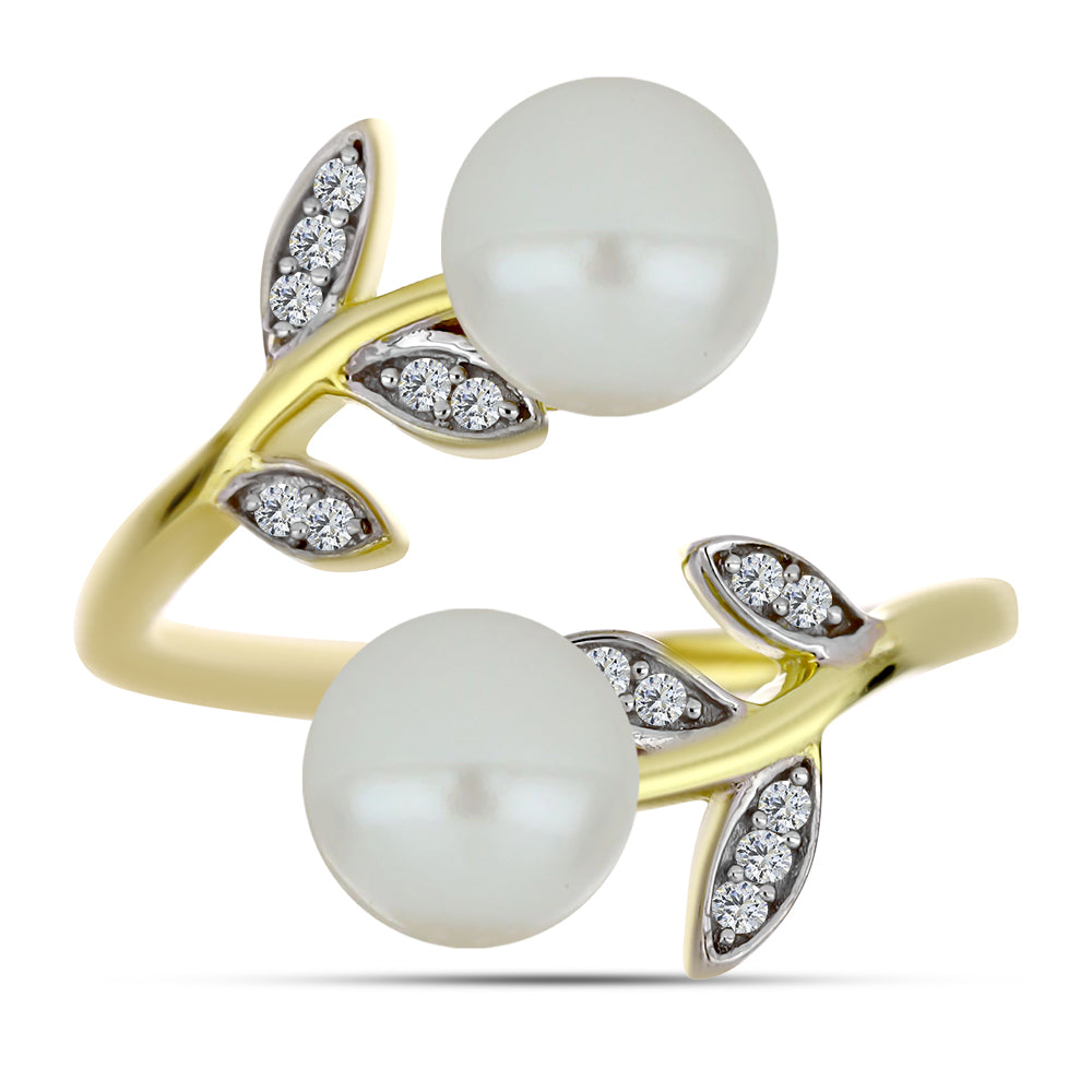 Arannyal Bevont Ezüst Gyűrű Fehér Édesvízi Kagylógyönggyel és Fehér Topázzal 1 