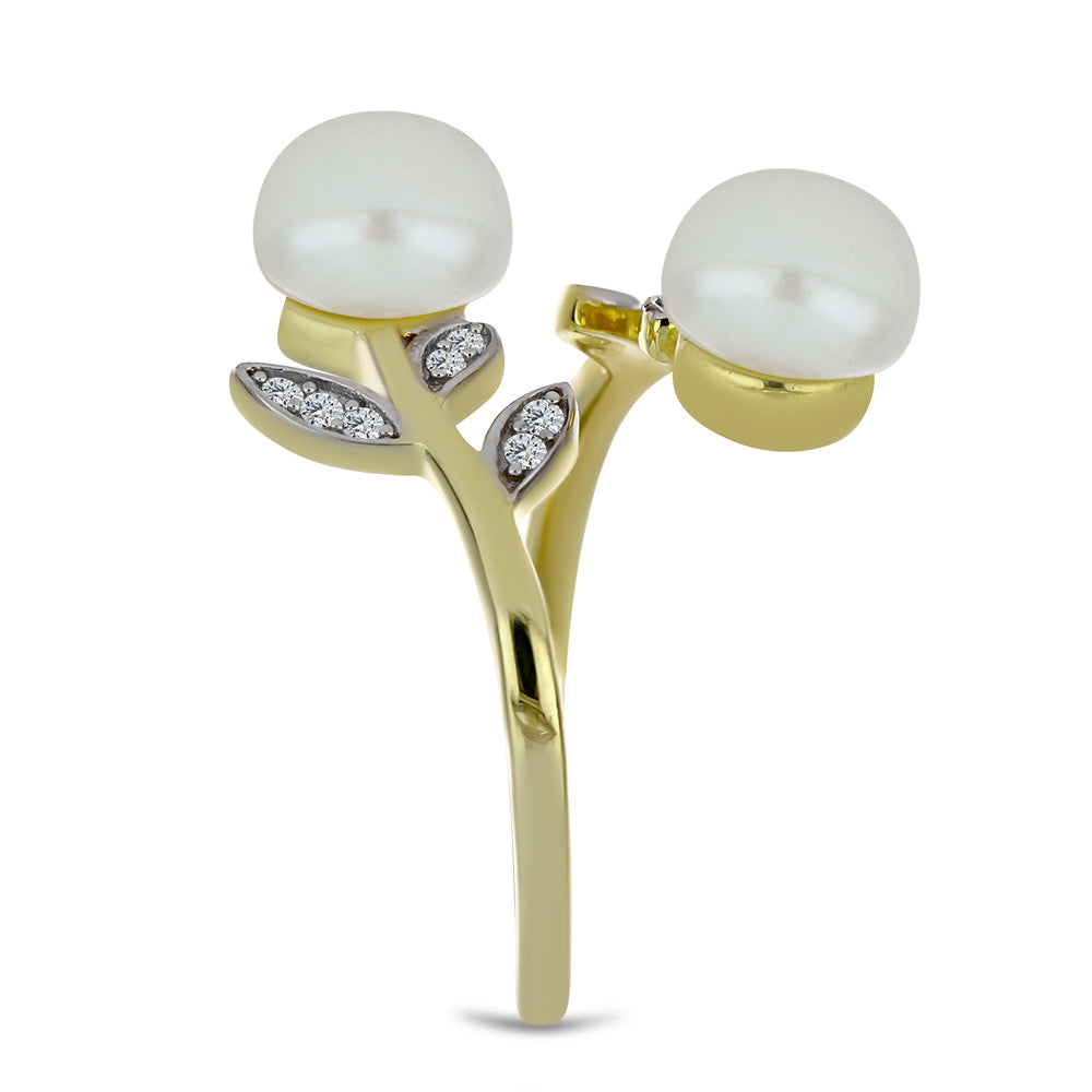 Arannyal Bevont Ezüst Gyűrű Fehér Édesvízi Kagylógyönggyel és Fehér Topázzal 4 