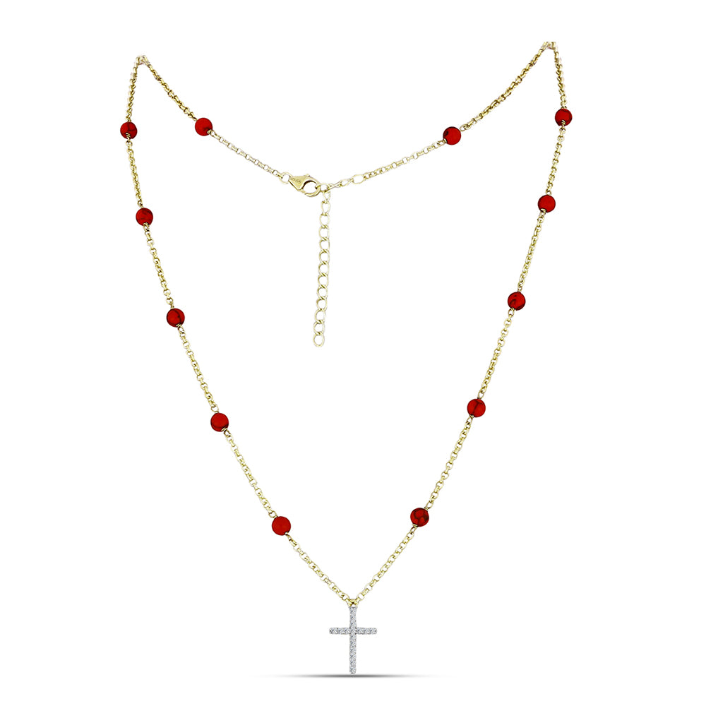 Arannyal Bevont Ezüst Nyaklánc Vörös Szivacs Korallal és Fehér Topázzal