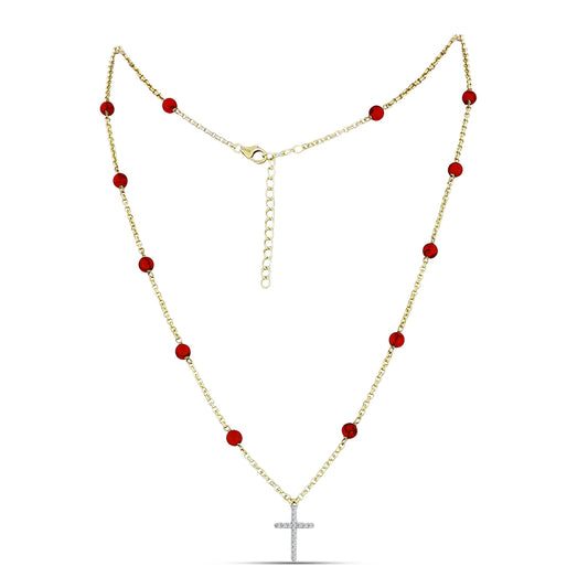 Arannyal Bevont Ezüst Nyaklánc Vörös Szivacs Korallal és Fehér Topázzal
