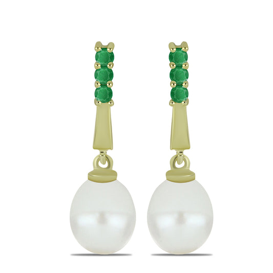 Arannyal Bevont Ezüst Fülbevaló Fehér Édesvízi Kagylógyönggyel és Brazil Smaragddal
