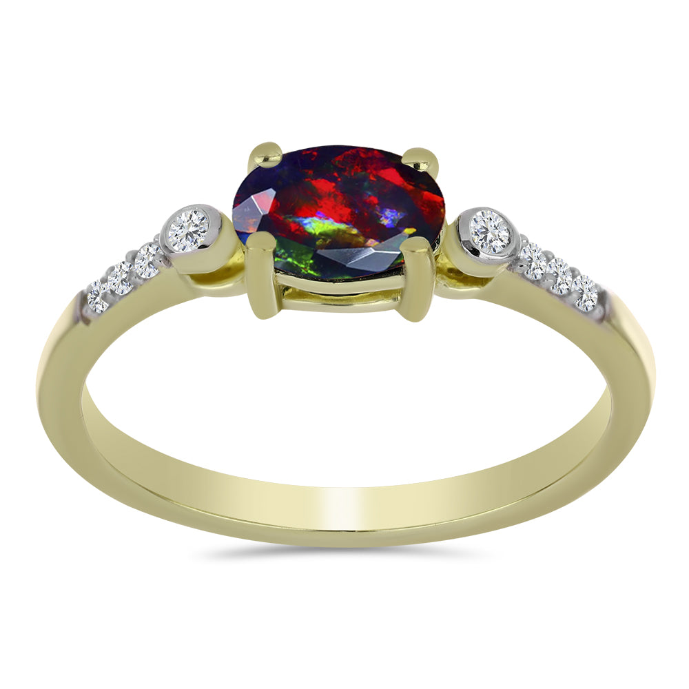 Arannyal Bevont Ezüst Gyűrű Lega Dembi Éjfekete Etiópiai Opállal és Fehér Topázzal 3 