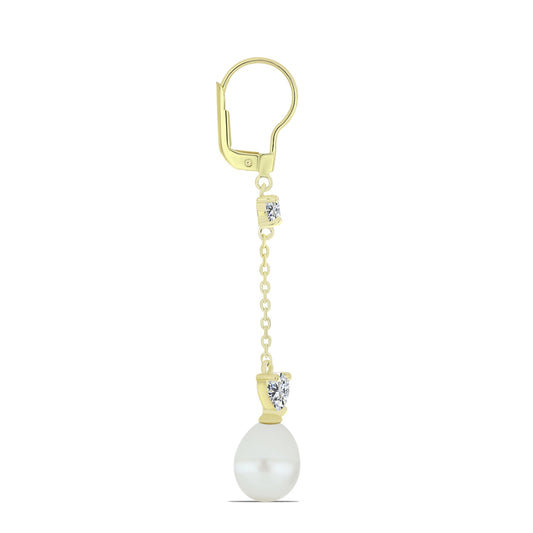 Arannyal Bevont Ezüst Fülbevaló Fehér Édesvízi Kagylógyönggyel és Fehér Topázzal