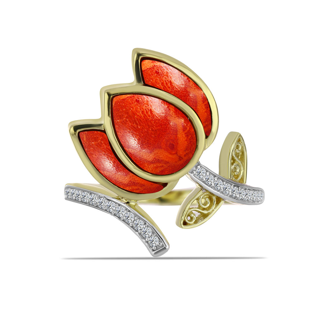 Arannyal Bevont Ezüst Gyűrű Vörös Szivacs Korallal és Fehér Topázzal 1 