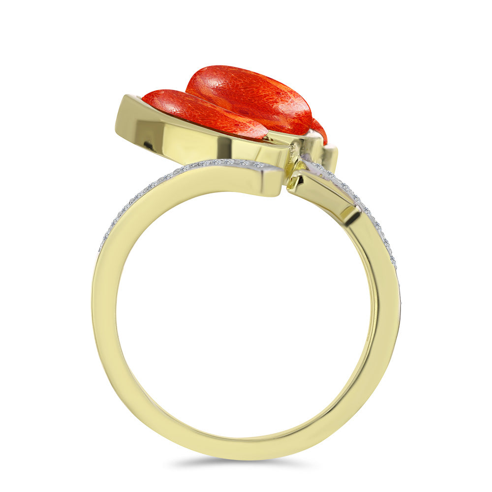 Arannyal Bevont Ezüst Gyűrű Vörös Szivacs Korallal és Fehér Topázzal 2 