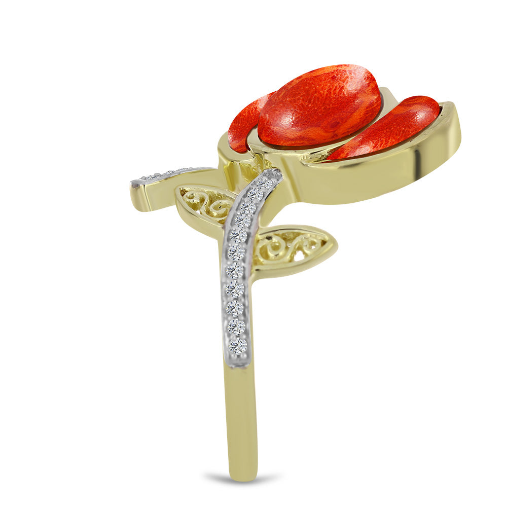 Arannyal Bevont Ezüst Gyűrű Vörös Szivacs Korallal és Fehér Topázzal