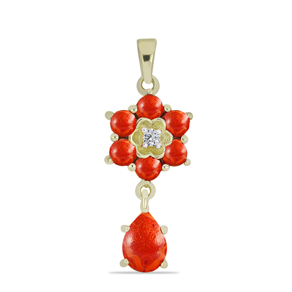 Arannyal Bevont Ezüst Medál Vörös Szivacs Korallal és Fehér Topázzal 1 