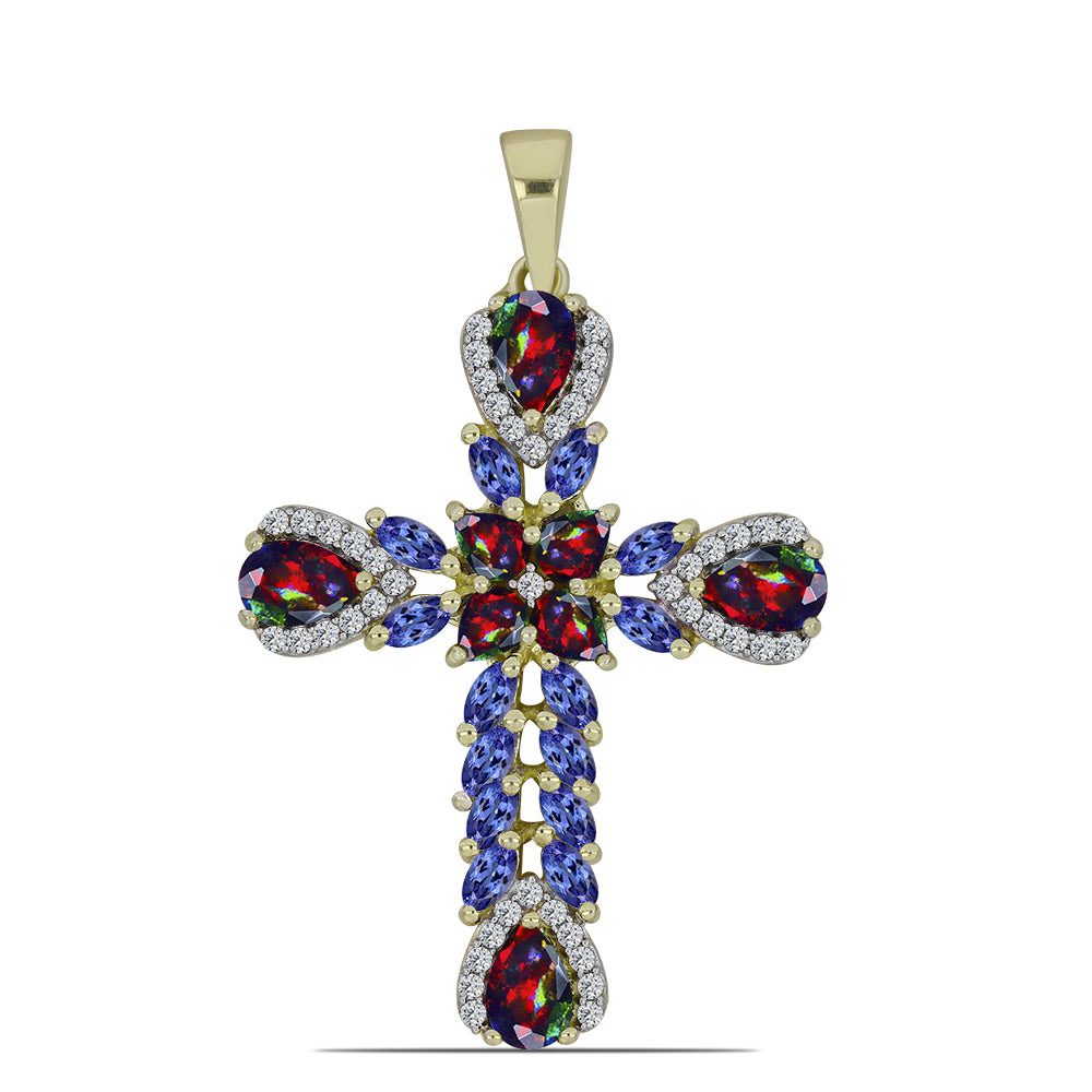 Kereszt Arannyal Bevont Ezüst Medál Lega Dembi Éjfekete Etiópiai Opállal és Tanzanittal 1 