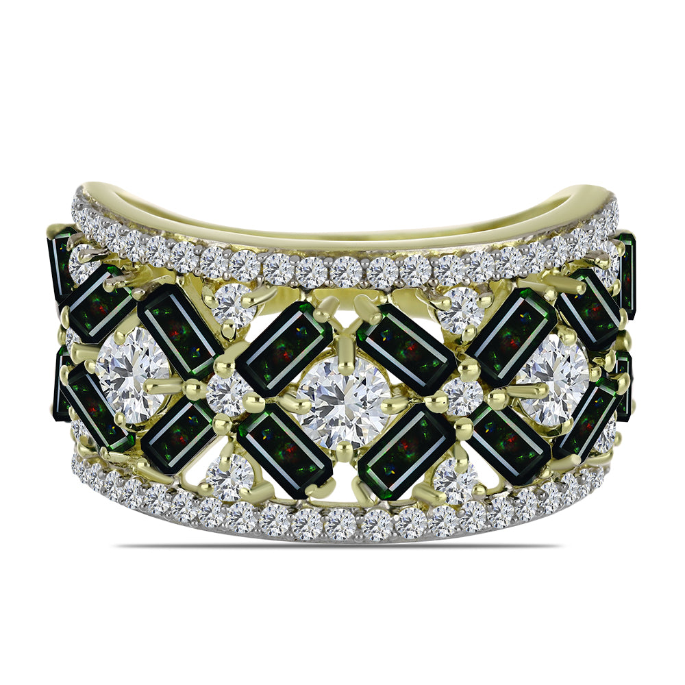 Arannyal Bevont Ezüst Gyűrű Lega Dembi Éjfekete Etiópiai Opállal és Fehér Topázzal 1 