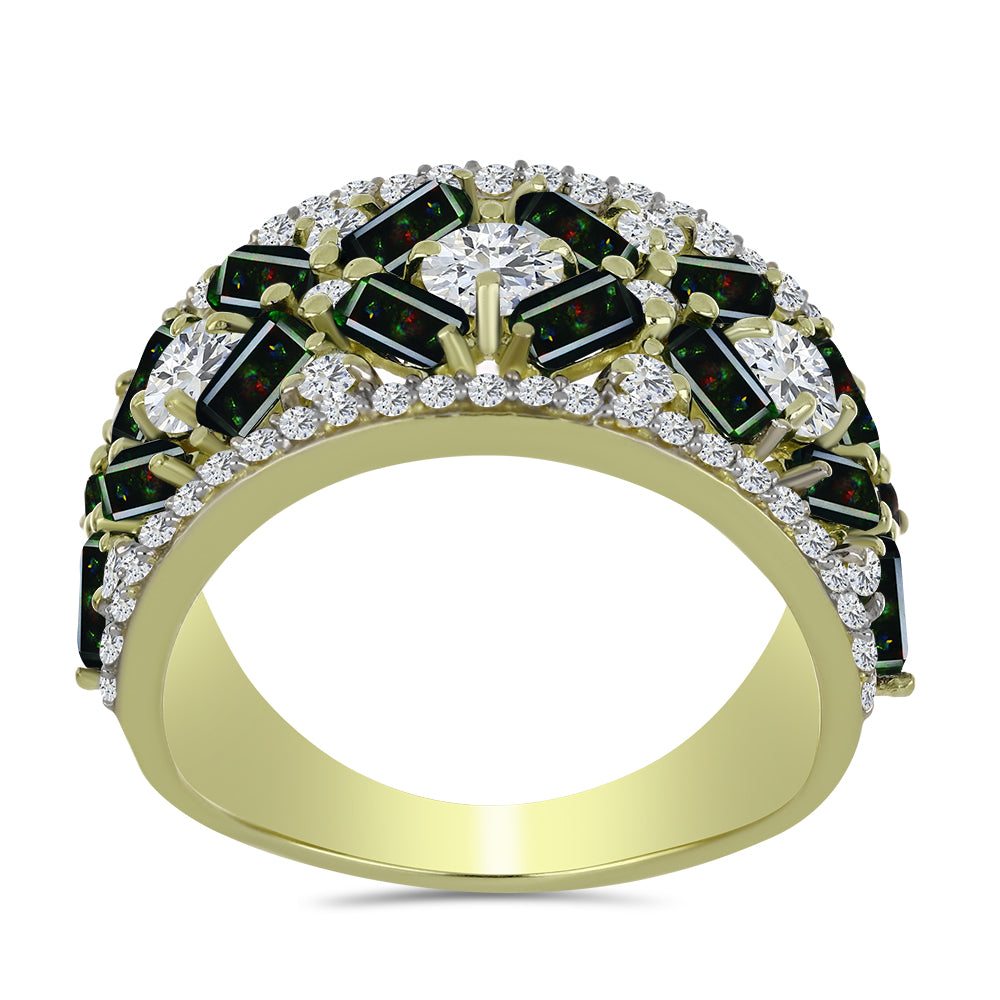 Arannyal Bevont Ezüst Gyűrű Lega Dembi Éjfekete Etiópiai Opállal és Fehér Topázzal