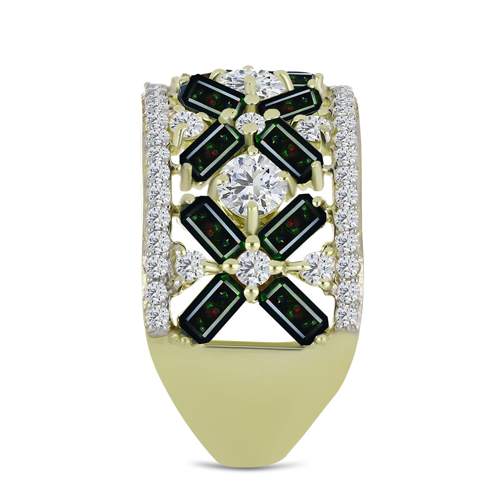 Arannyal Bevont Ezüst Gyűrű Lega Dembi Éjfekete Etiópiai Opállal és Fehér Topázzal 4 