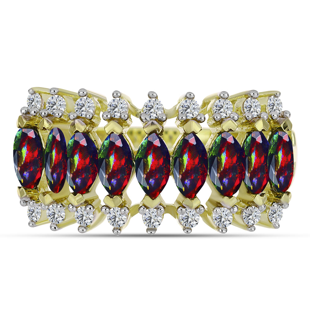 Arannyal Bevont Ezüst Gyűrű Lega Dembi Éjfekete Etiópiai Opállal és Fehér Topázzal 1 