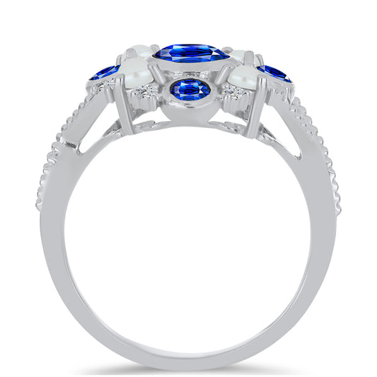 Ezüst Gyűrű Ausztrál Kék Zafírral és Fehér Édesvízi Kagylógyönggyel