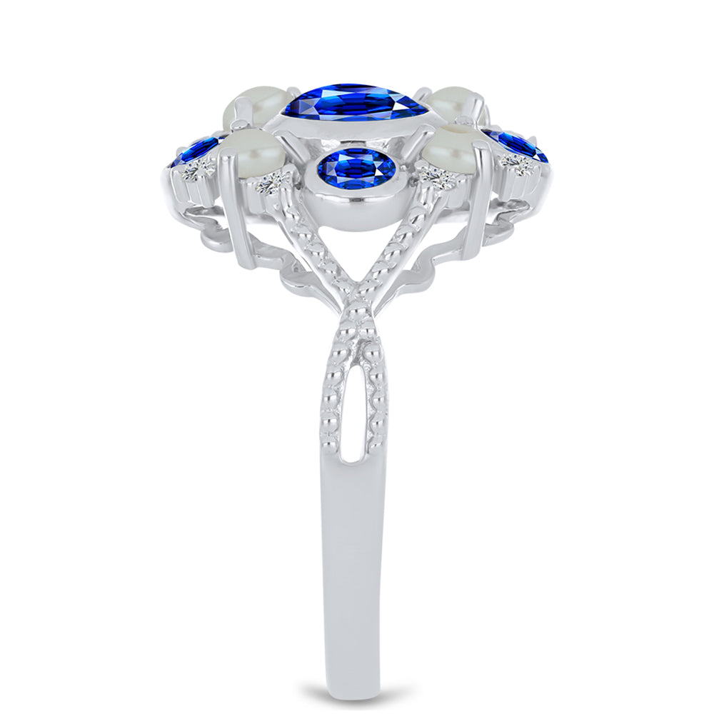 Ezüst Gyűrű Ausztrál Kék Zafírral és Fehér Édesvízi Kagylógyönggyel 4 