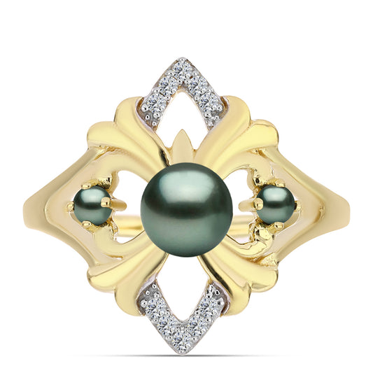 Arannyal Bevont Ezüst Gyűrű "Tahiti-zöld" illúzió édesvízi Kagylógyönggyel és Fehér Topázzal