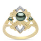 Arannyal Bevont Ezüst Gyűrű "Tahiti-zöld" illúzió édesvízi Kagylógyönggyel és Fehér Topázzal