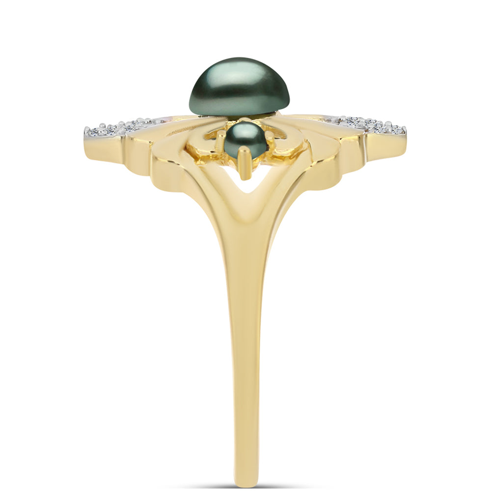 Arannyal Bevont Ezüst Gyűrű "Tahiti-zöld" illúzió édesvízi Kagylógyönggyel és Fehér Topázzal