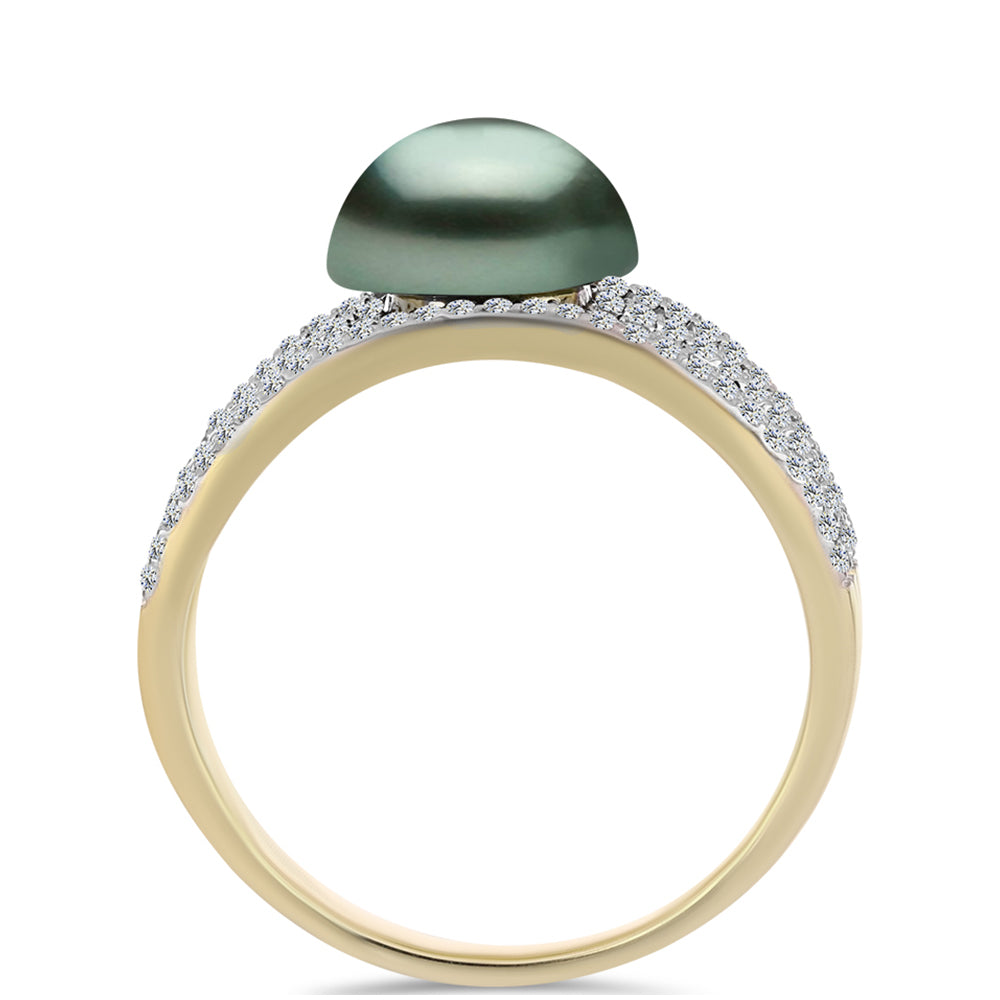 Arannyal Bevont Ezüst Gyűrű "Tahiti-zöld" illúzió édesvízi Kagylógyönggyel és Fehér Topázzal 2 