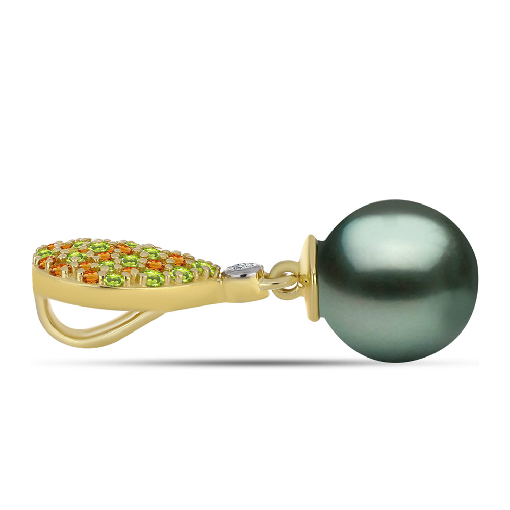 Arannyal Bevont Ezüst Medál "Tahiti-zöld" illúzió édesvízi Kagylógyönggyel és Ural Citrinnel 2 