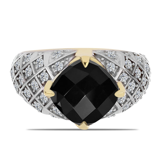 Arannyal Bevont Ezüst Gyűrű Fekete Onixszal és Fehér Topázzal