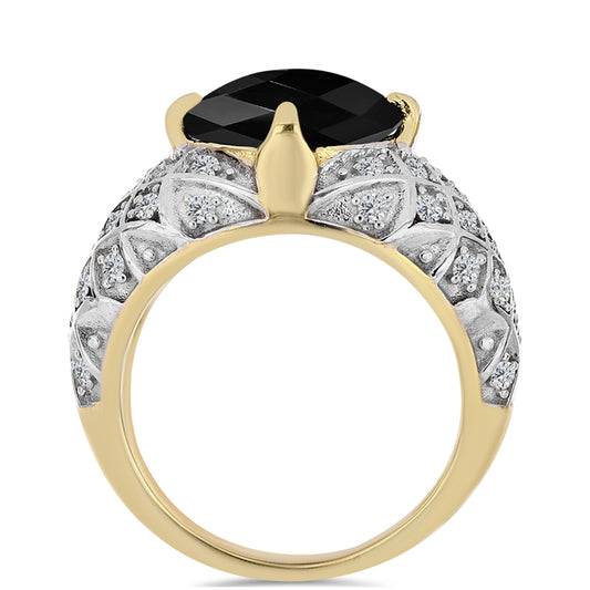 Arannyal Bevont Ezüst Gyűrű Fekete Onixszal és Fehér Topázzal