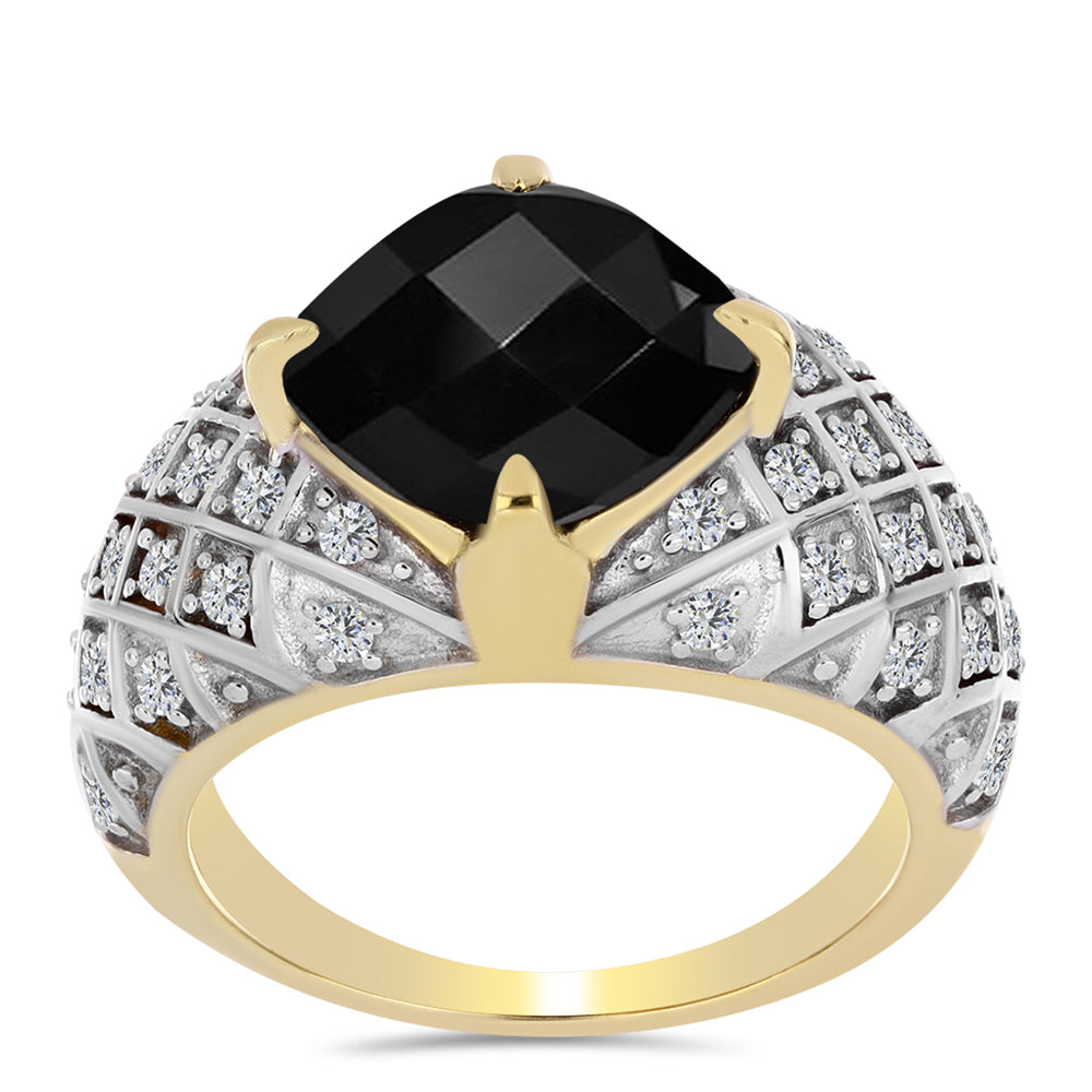 Arannyal Bevont Ezüst Gyűrű Fekete Onixszal és Fehér Topázzal