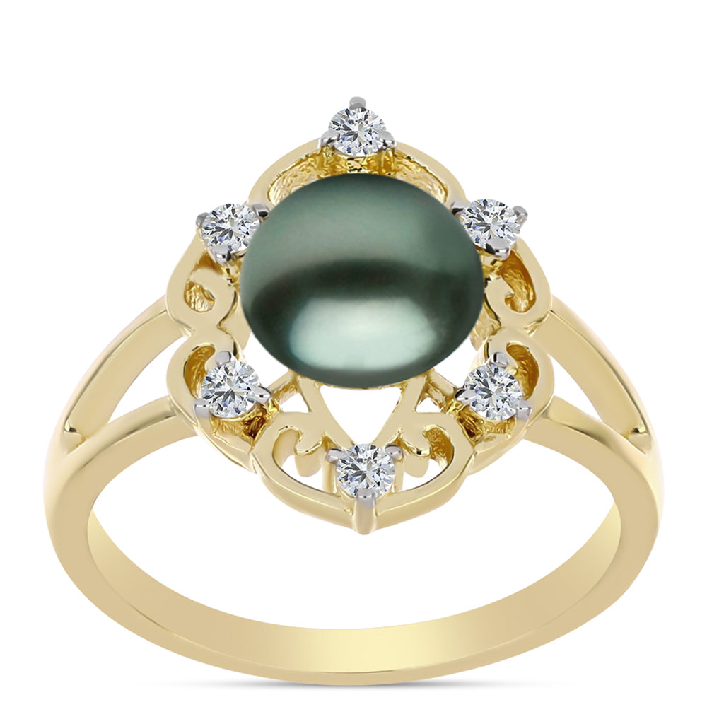 Arannyal Bevont Ezüst Gyűrű "Tahiti-zöld" illúzió édesvízi Kagylógyönggyel és Fehér Topázzal 3 