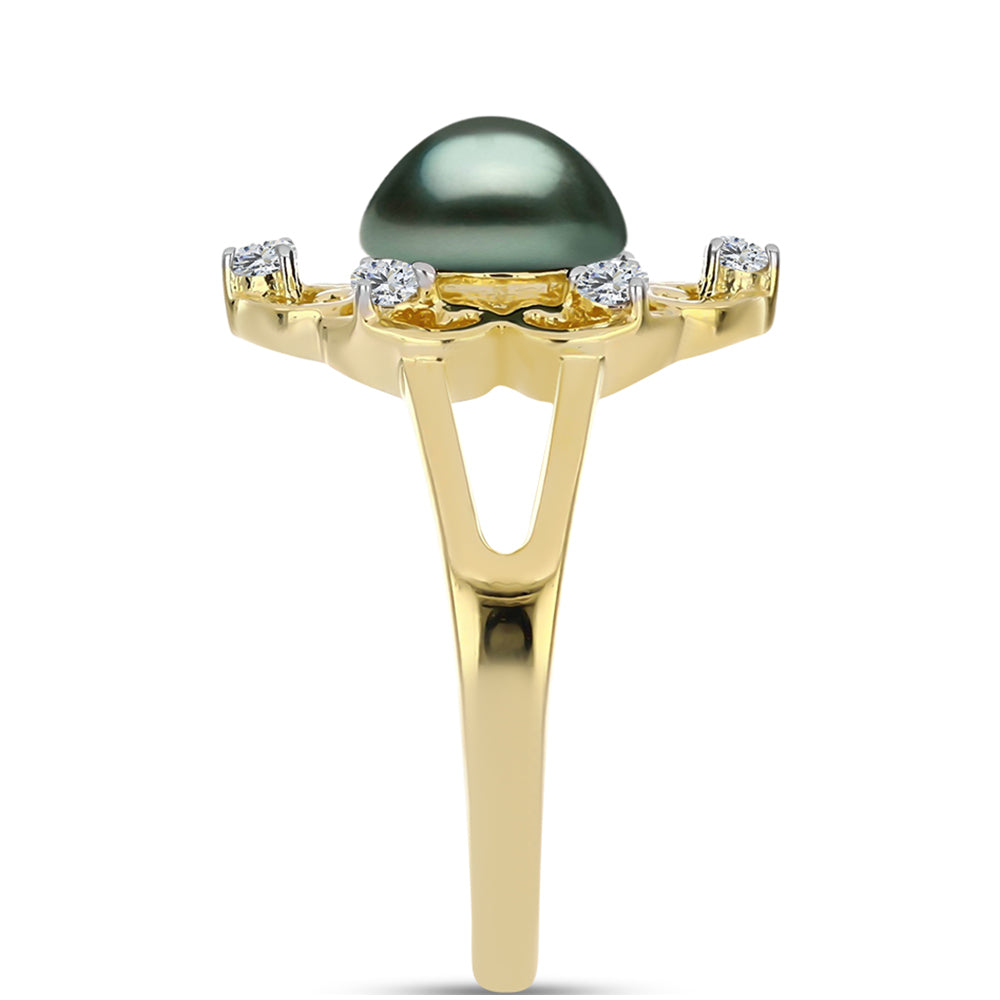 Arannyal Bevont Ezüst Gyűrű "Tahiti-zöld" illúzió édesvízi Kagylógyönggyel és Fehér Topázzal 4 