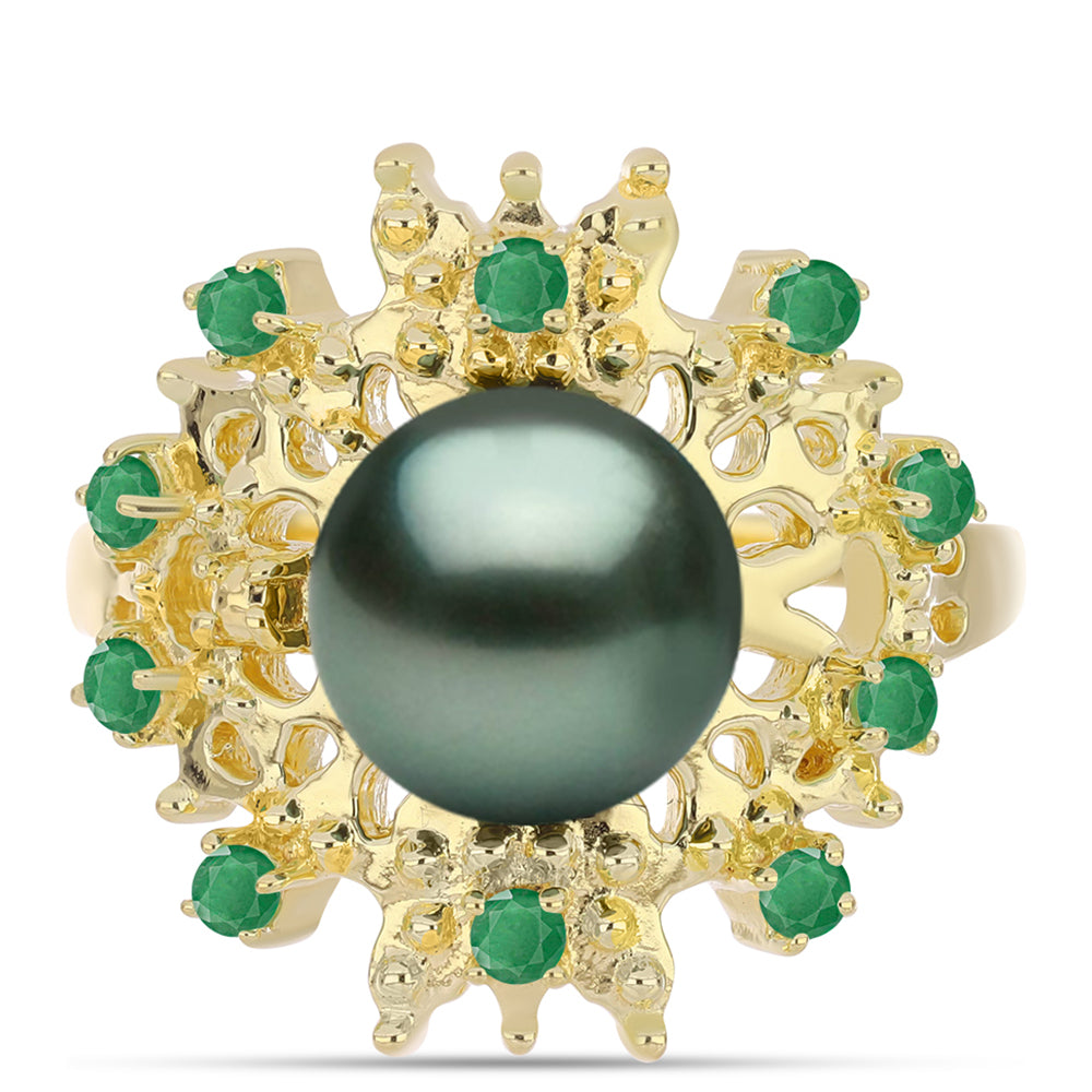 Arannyal Bevont Ezüst Gyűrű "Tahiti-zöld" illúzió édesvízi Kagylógyönggyel és Brazil Smaragddal 1 