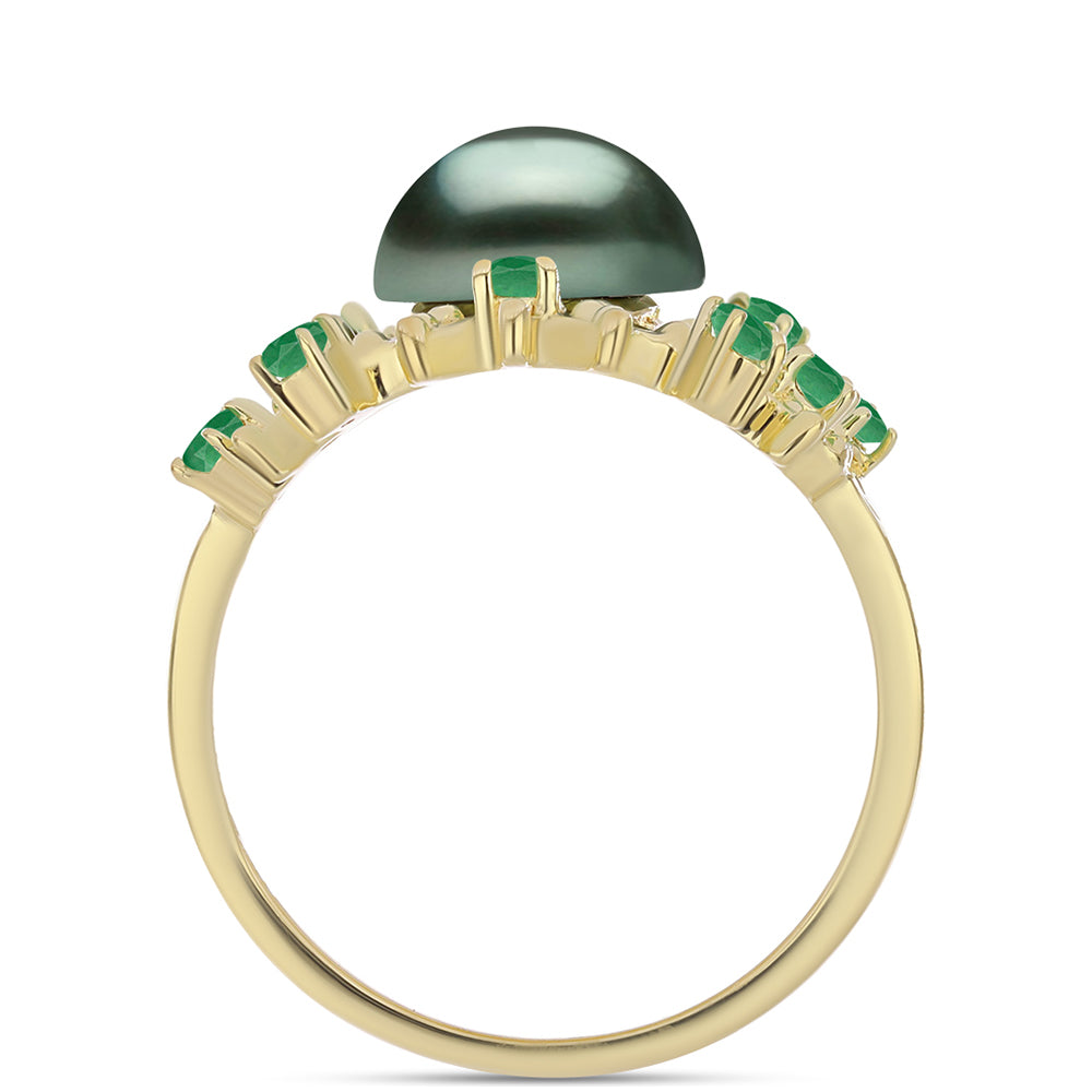 Arannyal Bevont Ezüst Gyűrű "Tahiti-zöld" illúzió édesvízi Kagylógyönggyel és Brazil Smaragddal 2 