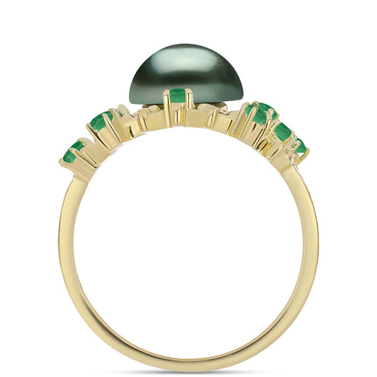 Arannyal Bevont Ezüst Gyűrű "Tahiti-zöld" illúzió édesvízi Kagylógyönggyel és Brazil Smaragddal