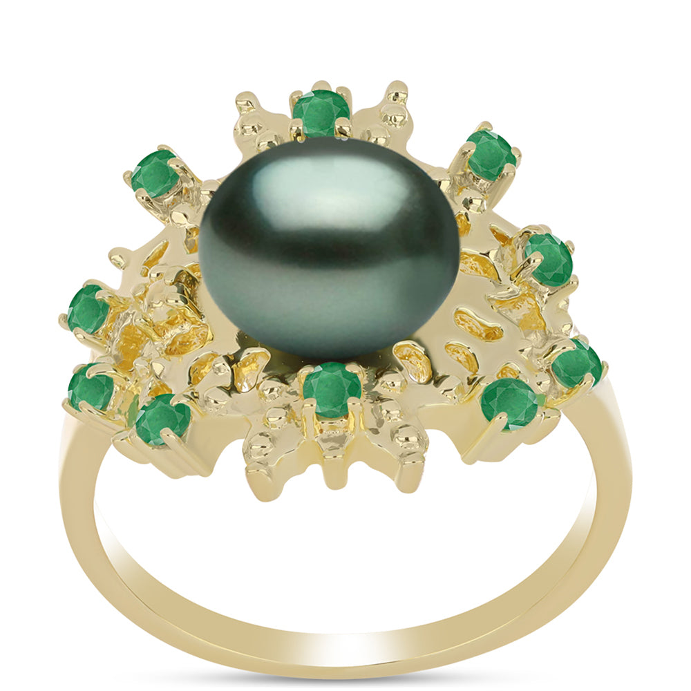 Arannyal Bevont Ezüst Gyűrű "Tahiti-zöld" illúzió édesvízi Kagylógyönggyel és Brazil Smaragddal