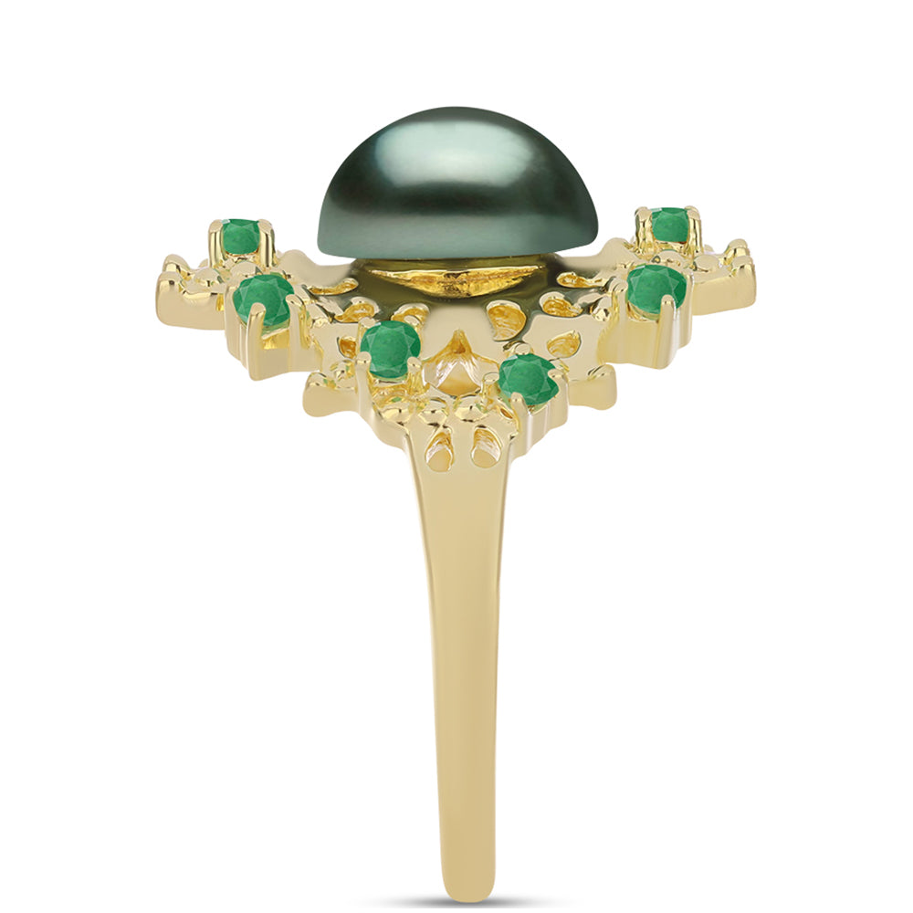 Arannyal Bevont Ezüst Gyűrű "Tahiti-zöld" illúzió édesvízi Kagylógyönggyel és Brazil Smaragddal 4 