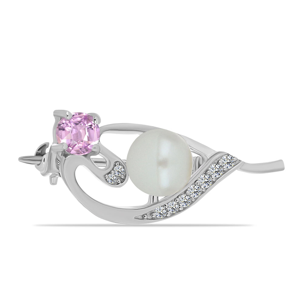 Ezüst Bross Palai Kunzittal és Fehér Édesvízi Kagylógyönggyel 1 