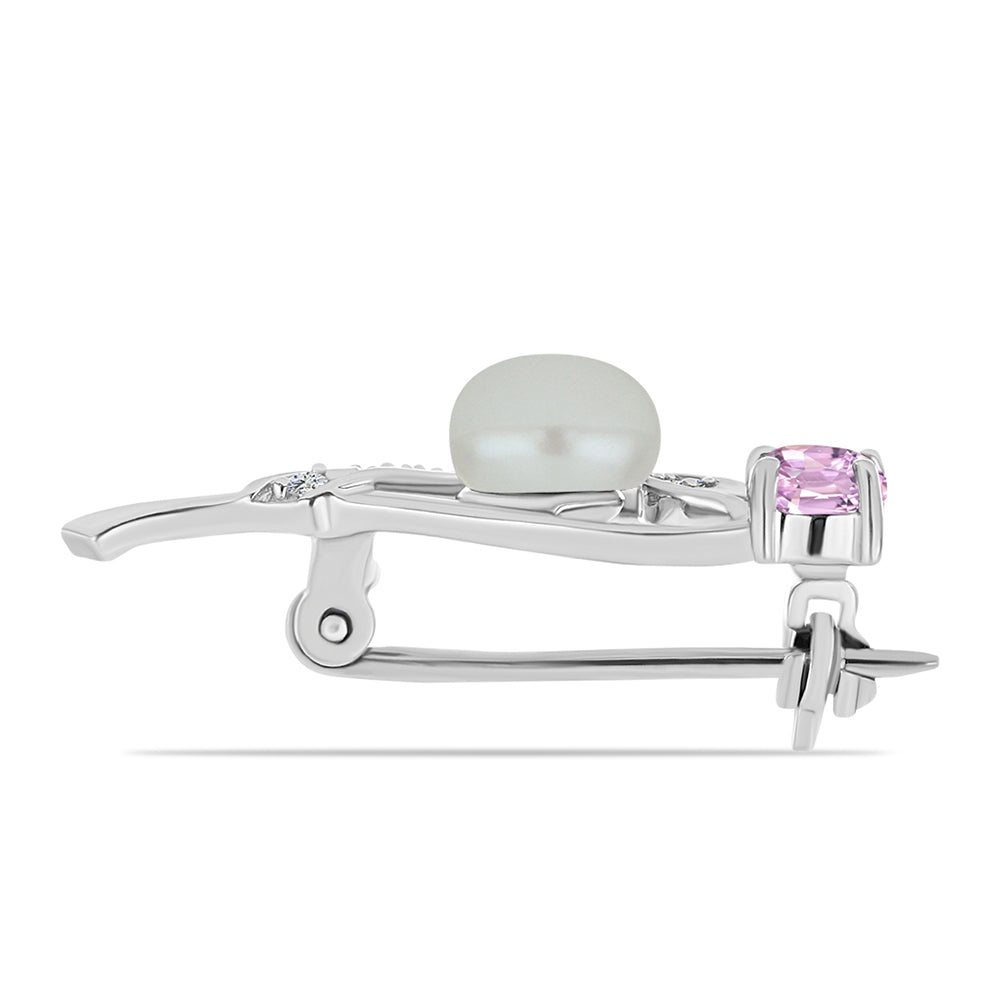 Ezüst Bross Palai Kunzittal és Fehér Édesvízi Kagylógyönggyel 2 