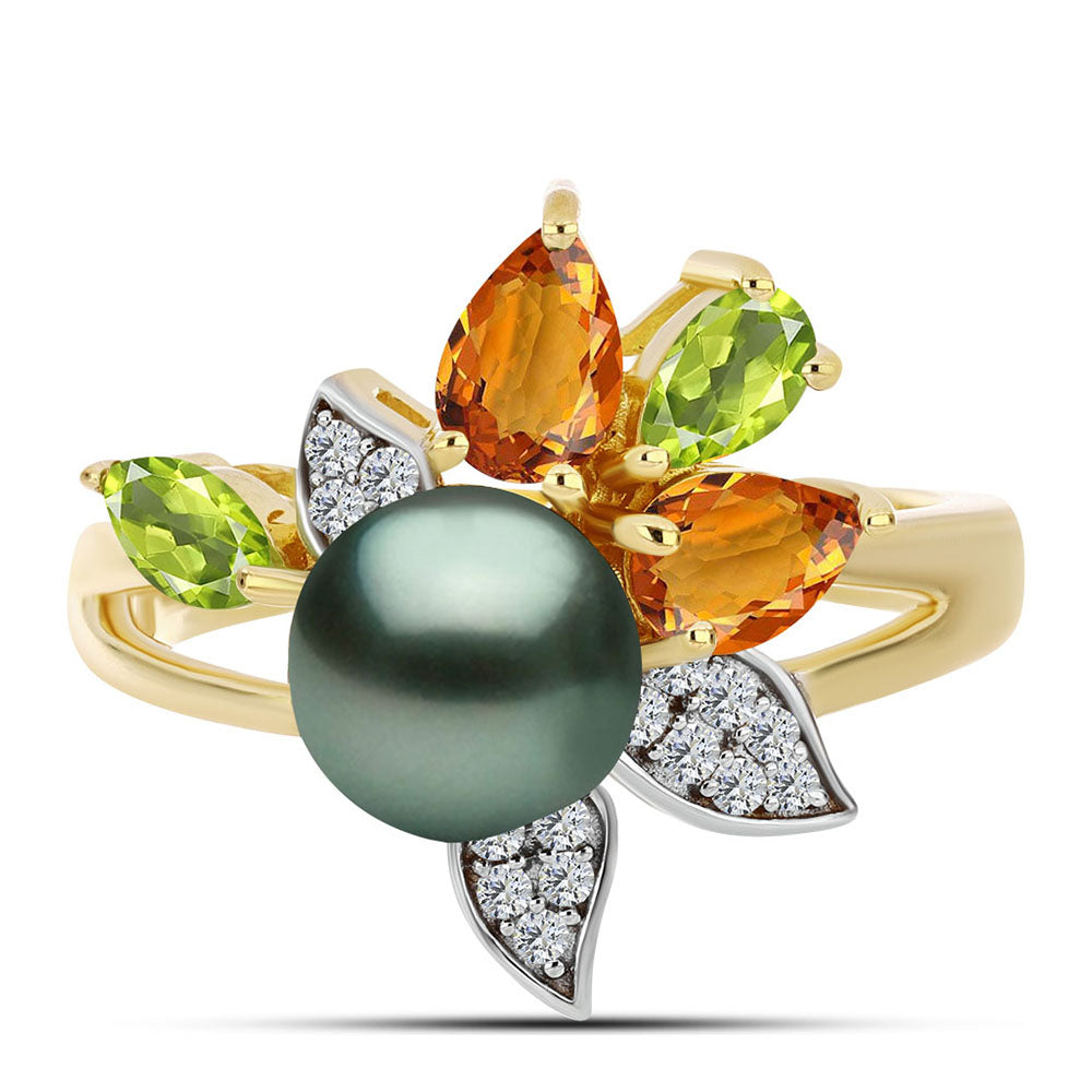 Arannyal Bevont Ezüst Gyűrű "Tahiti-zöld" illúzió édesvízi Kagylógyönggyel és Ural Citrinnel