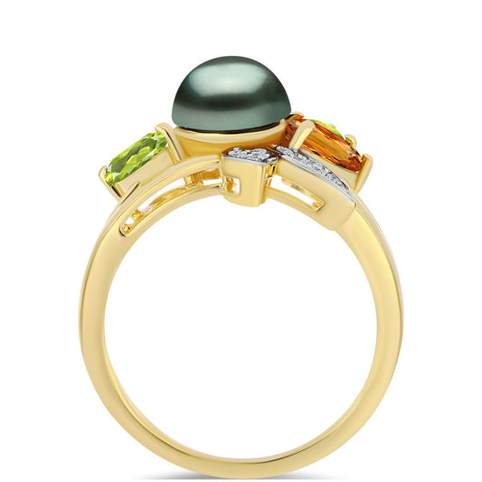 Arannyal Bevont Ezüst Gyűrű "Tahiti-zöld" illúzió édesvízi Kagylógyönggyel és Ural Citrinnel