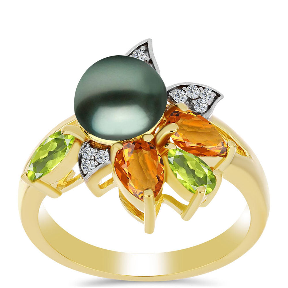 Arannyal Bevont Ezüst Gyűrű "Tahiti-zöld" illúzió édesvízi Kagylógyönggyel és Ural Citrinnel 3 