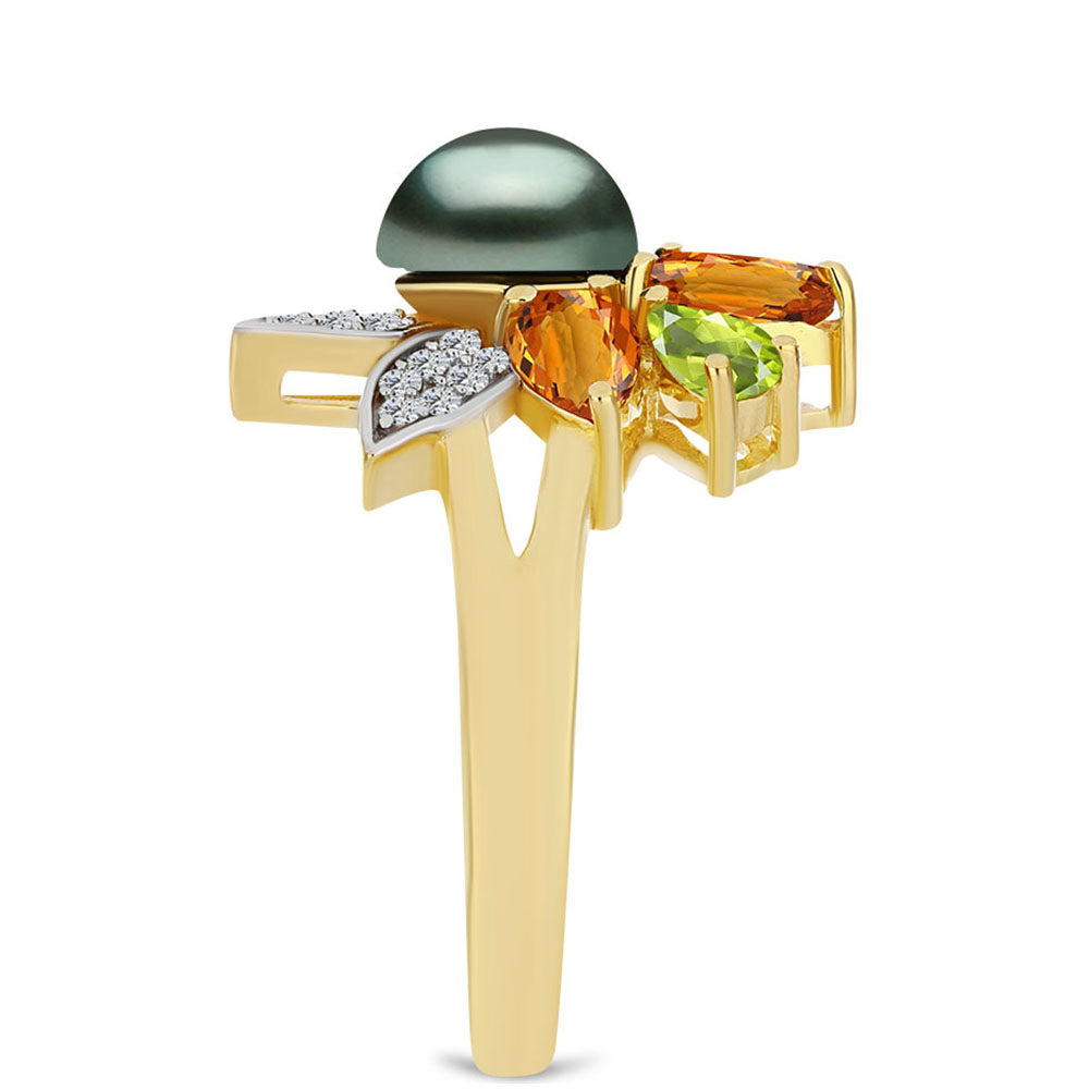 Arannyal Bevont Ezüst Gyűrű "Tahiti-zöld" illúzió édesvízi Kagylógyönggyel és Ural Citrinnel 4 