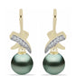 Arannyal Bevont Ezüst Fülbevaló "Tahiti-zöld" illúzió édesvízi Kagylógyönggyel és Fehér Topázzal