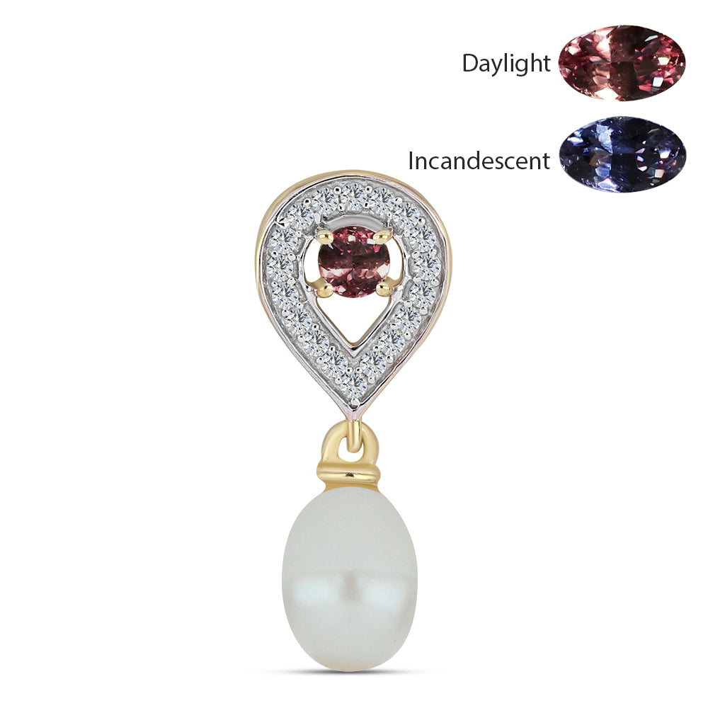 Arannyal Bevont Ezüst Medál Tsivory Színváltós Gránáttal és Fehér Édesvízi Kagylógyönggyel